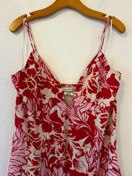 Abercrombie & Fitch Beaded Flowy Floral Red Pink Midi Dress Linen Blend Size XL - Picture 9 of 13